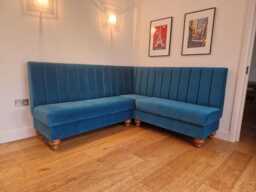 Fluted Back Turquoise Blue Velvet Kitchen + Commercial Corner Booth Bench Seating Available in Any Colour Or Fabric Bespoke Made To Measure