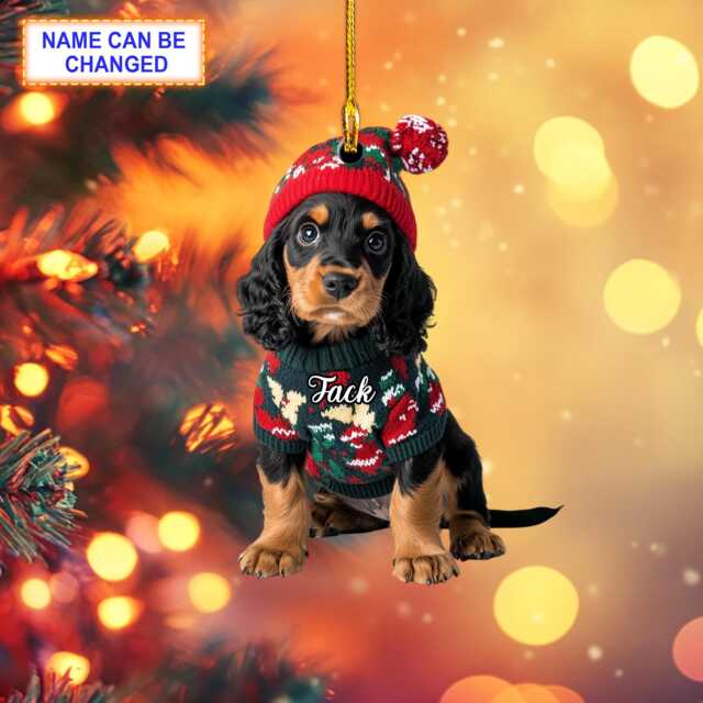 Custom Name Black & Tan Cocker Spaniel Xmas Christmas Ornament, Tree Hanging Decor, Flat 2D Ornament Acrylic/ Wooden - image 1