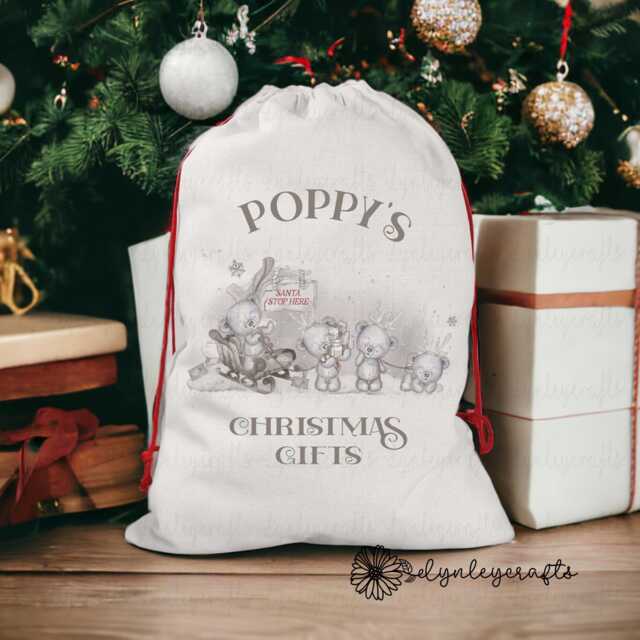 Personalised Bear Christmas Sack, Extra Large Bag, Linen Drawstring Present Gifts Polar Stocking Sack - image 1