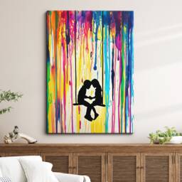 Children On Swing Colourful Rain Street Art Painting Framed Poster Print & Canvas Wall Decor Home Bedroom Banksy Gift - thumbnail 1