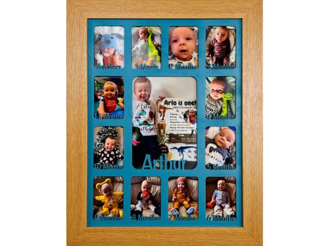 Newborn Baby 1st Year Personalised Photo Frame 1-12 Months - Natural Finish & Teal Insert - image 1