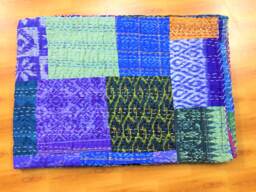 Handmade Blue Matching Patchwork Patola King Size Kantha Bedspread, Throw
