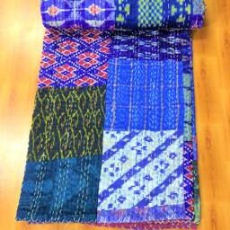 Handmade Blue Matching Patchwork Patola King Size Kantha Bedspread, Throw - thumbnail 2