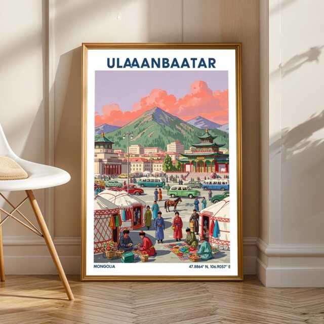 Ulaanbaatar Market Scene Poster Vintage Mongolian Travel Art - image 1