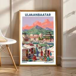 Ulaanbaatar Market Scene Poster Vintage Mongolian Travel Art - thumbnail 1