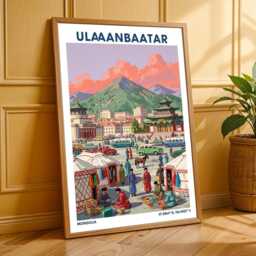 Ulaanbaatar Market Scene Poster Vintage Mongolian Travel Art - thumbnail 3