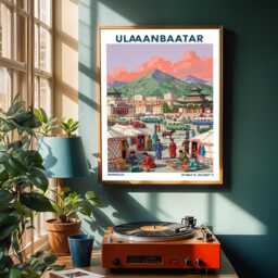Ulaanbaatar Market Scene Poster Vintage Mongolian Travel Art - thumbnail 2