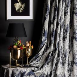 striped Patterned Curtain Panel Gray, Blue, Black & Gold - Custom Size Drapes - thumbnail 3