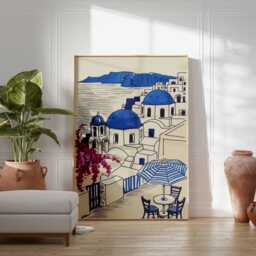 Santorini Greece Poster - Blue Dome Church Coastal Wall Art, Greek Island Travel Print With Bougainvillea & Seaside View - thumbnail 3