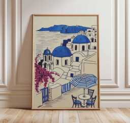 Santorini Greece Poster - Blue Dome Church Coastal Wall Art, Greek Island Travel Print With Bougainvillea & Seaside View - thumbnail 1