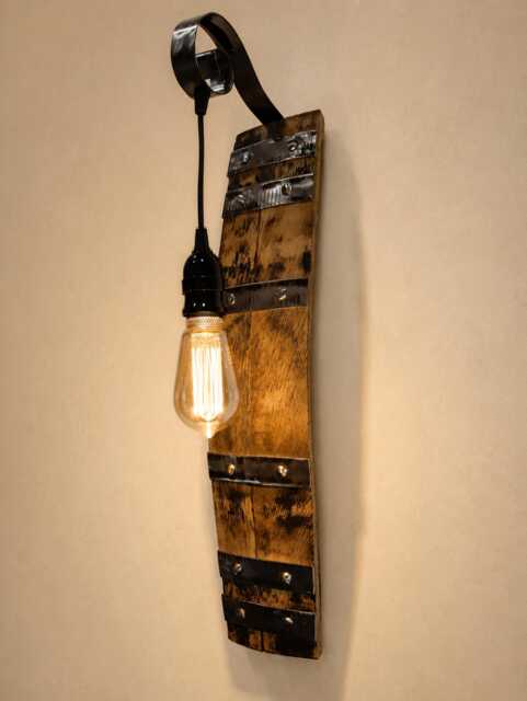 Rustic Whiskey Barrel Wall Sconce, Reclaimed Oak Farmhouse Lamp, Wine Cellar, Cabin Decor - image 1
