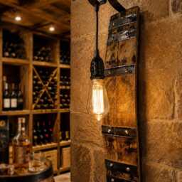 Rustic Whiskey Barrel Wall Sconce, Reclaimed Oak Farmhouse Lamp, Wine Cellar, Cabin Decor - thumbnail 4