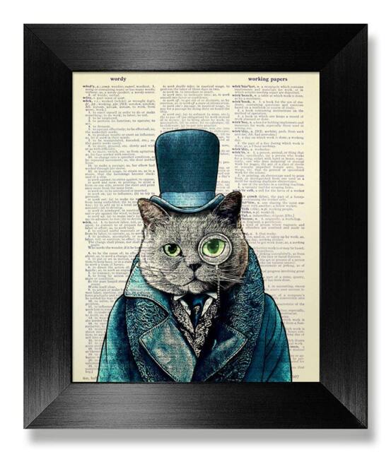 steampunk Cat Art, Cool Painting, Dictionary Art Print, Hipster Animal Print Decor, Home Office Wall Monocle Cat Green Suit Poster