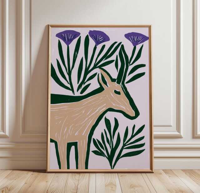 Saiga Antelope Poster, Purple Linocut Paper Botanical Wall Art - image 1