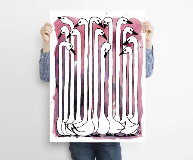 Swan, Pink, Birds, Neck, Head, Tail, Black, Conversation, Goose. Ink, Watercolour. Art Print A4, Poster, Illustration, Decoration, Kids Room - image 1