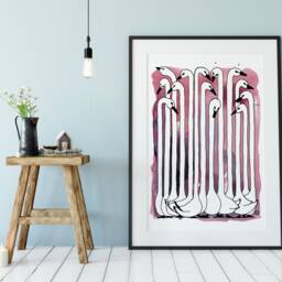 Swan, Pink, Birds, Neck, Head, Tail, Black, Conversation, Goose. Ink, Watercolour. Art Print A4, Poster, Illustration, Decoration, Kids Room - thumbnail 3