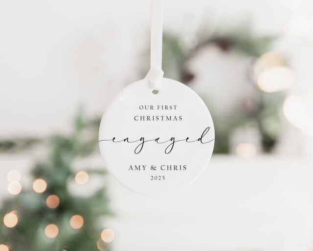 Personalised First Christmas Engaged Bauble - Ceramic Tree Decoration Gift Ornament Engagement Keepsake, Minimal - image 1