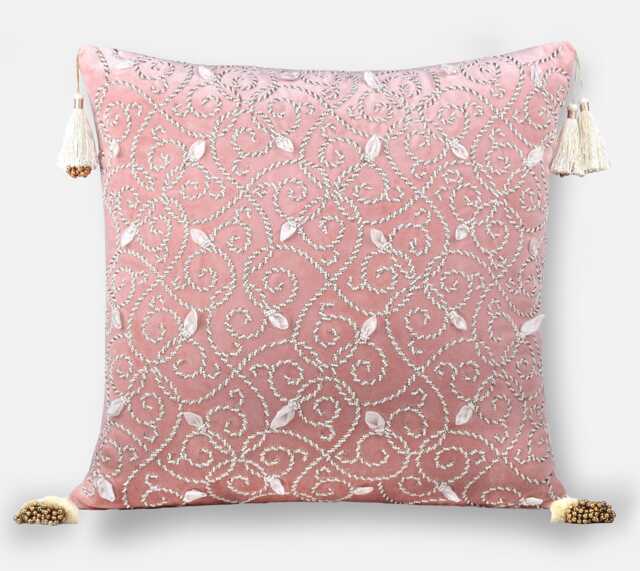 Pink Velvet Throw Pillow Cover Hand Embroidered Beads & Gold Zardosi, Tassels - Bmcc032 - image 1