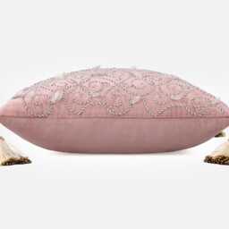 Pink Velvet Throw Pillow Cover Hand Embroidered Beads & Gold Zardosi, Tassels - Bmcc032 - thumbnail 2