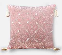 Pink Velvet Throw Pillow Cover Hand Embroidered Beads & Gold Zardosi, Tassels - Bmcc032 - thumbnail 1