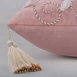 Pink Velvet Throw Pillow Cover Hand Embroidered Beads & Gold Zardosi, Tassels - Bmcc032 - thumbnail 4