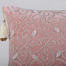Pink Velvet Throw Pillow Cover Hand Embroidered Beads & Gold Zardosi, Tassels - Bmcc032 - thumbnail 3