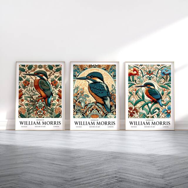 Kingfisher Poster Set - William Morris Inspired Bird Prints - Wall Art Home Decor Print Of 3 Vintage Artwork Floral Textile