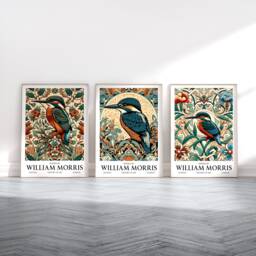Kingfisher Poster Set - William Morris Inspired Bird Prints - Wall Art Home Decor Print Of 3 Vintage Artwork Floral Textile - thumbnail 1