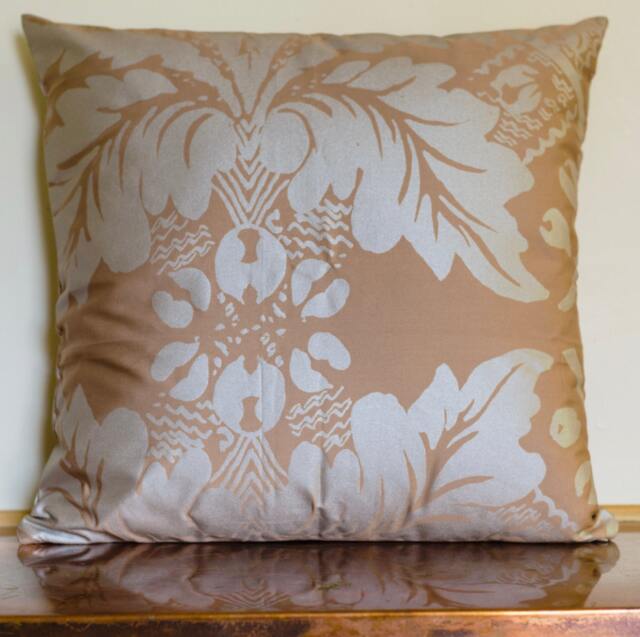 "Beige - Silver Pillow Cover Cotton Metallic Fabric Fandango Pattern - Handmade 18""x18" - image 1