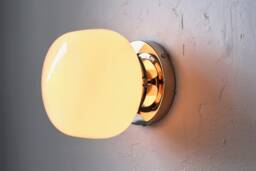 Schoolhouse Wall Sconce Lamp, Modern Polished Nickel Flush Mount Vanity Lighting Fixture, White Glass School House Globe, Wire in Or Plug - thumbnail 1