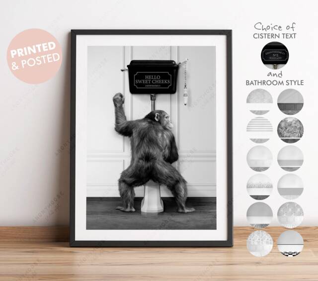 Black & White Chimpanzee Using The Toilet, Chimp On Victorian Funny Bathroom Print, Animal Peeing, Monkey Print - image 1