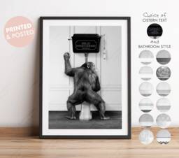 Black & White Chimpanzee Using The Toilet, Chimp On Victorian Funny Bathroom Print, Animal Peeing, Monkey Print - thumbnail 1