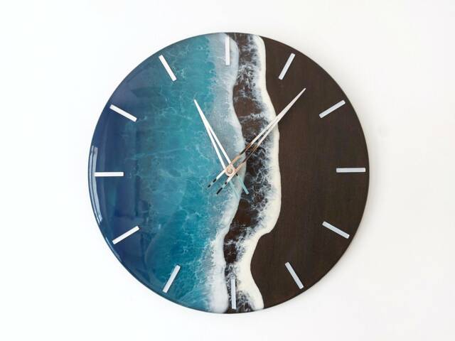 Turquoise Blue Ocean Wall Clock Resin Art For Beachy Room Decor Epoxy Wave Design Sea - image 1