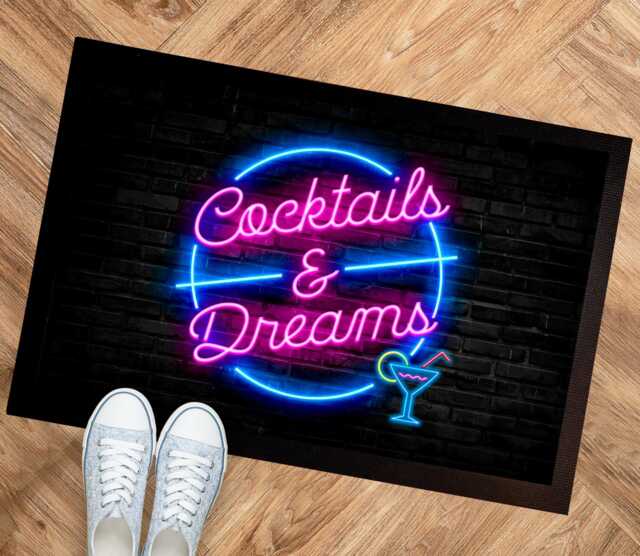 Cocktails & Dreams Door Mat - 80S Neon Movie Themed Home Bar Decor Accessories 60 X 40cm - image 1