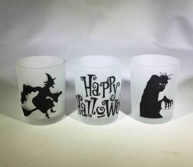 Halloween Votive Candle Holder Set Witch, Zombie, Cat & Bat Silhouettes - image 1