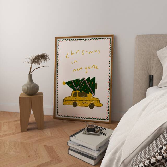 Christmas in New York Art Print, Taxi With Tree, Modern Holiday Wall Decor - image 1