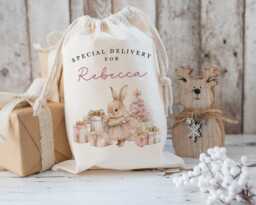 xl Personalised Santa Sack, Christmas Gift Bag, Pink Rabbit Jacket Stocking Filler, Father Christmas, Traditional