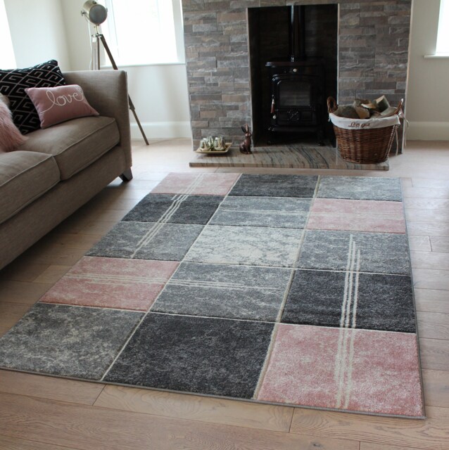 New Blush Pink Silver Grey Cream Rugs Small Large Mats Modern Blocks Design UK