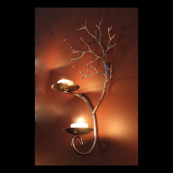 Right Hand Two Candle Metal Tree Sculpture Wall Sconce For Votive & Tea Candles - image 1