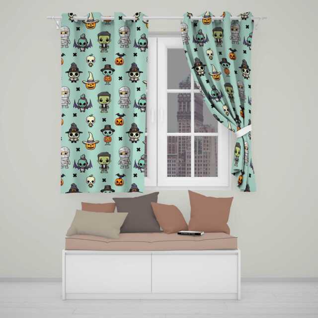Cute Halloween Frankenstein Mummy Bat Pumpkin Seamless Pattern Teal Background Readymade Eyelet Ring Top Thermal 100% Blackout Curtains - image 1