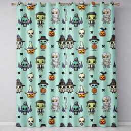 Cute Halloween Frankenstein Mummy Bat Pumpkin Seamless Pattern Teal Background Readymade Eyelet Ring Top Thermal 100% Blackout Curtains - thumbnail 2