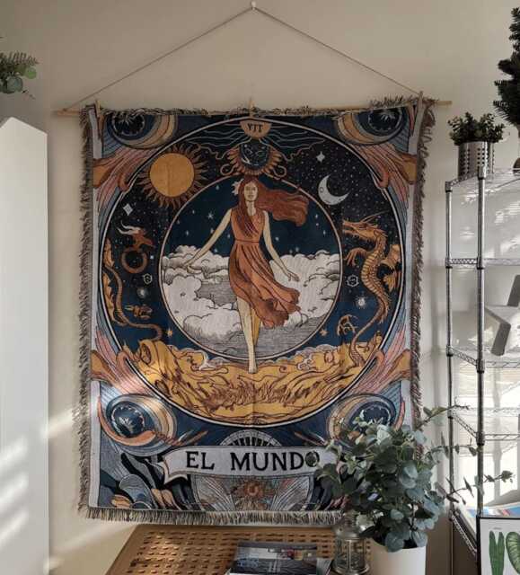 The World Tarot Tapestry Throw Blanket - El Mundo Woven Wall Hanging Celestial Sun Moon Art Bohemian Decor - image 1