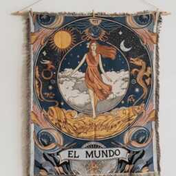 The World Tarot Tapestry Throw Blanket - El Mundo Woven Wall Hanging Celestial Sun Moon Art Bohemian Decor - thumbnail 2