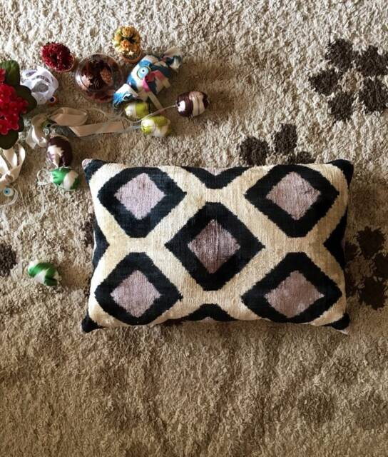 Handwoven Diamond Ikat Pillow Cover Ecru Black Beige Velvet Cushion - image 1