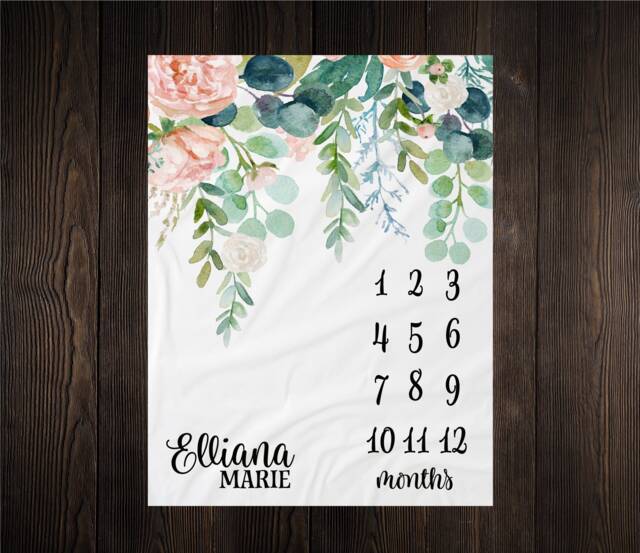 Greenery Floral Milestone Blanket, Baby Month Girl Blanket Track Growth Keepsake Shower Gift, Gm06 - image 1