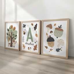 Little Acorns Nursery Prints, Set Of 3 Whimsical Folk Kids Decor Wall Art, Unisex Optional Frame, Mighty Oaks Personalised Playroom Posters - thumbnail 1