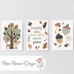 Little Acorns Nursery Prints, Set Of 3 Whimsical Folk Kids Decor Wall Art, Unisex Optional Frame, Mighty Oaks Personalised Playroom Posters - thumbnail 2
