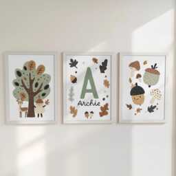 Little Acorns Nursery Prints, Set Of 3 Whimsical Folk Kids Decor Wall Art, Unisex Optional Frame, Mighty Oaks Personalised Playroom Posters - thumbnail 3