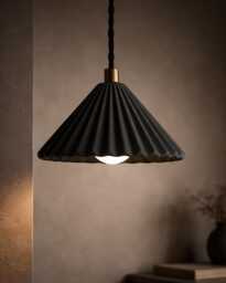 Small Picco - Ceramic Pendant Ceiling Light Handmade Minimalist Pleated Hanging Fixture in Shadow Charcoal Gray - thumbnail 1