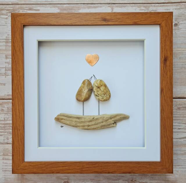 Copper Wedding Anniversary Gift For Her Pebble Art Love Birds Handmade Framed Romantic Rustic Wall Decor Husband Made To Order - image 1